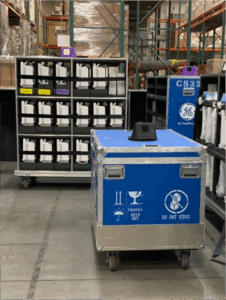 A photo of a reusable cart used by GE HealthCare for more sustainable manufacturing, shipping and installation.