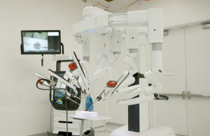 A photo of Intuitive's da Vinci 5 surgical robotics system demonstrator in Atlanta.