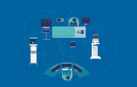 Illustration of device connectivity in a smart hospital room, showing Philips patient-monitoring network linking multiple bedside devices and clinicians