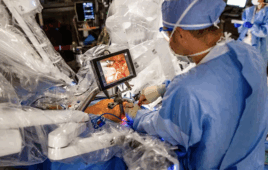 This is a Cleveland Clinic image of an AVATAR or AVATAR or advanced Videoscopic Aortic valve surgery by Transcervical Approach using Robot assistance.
