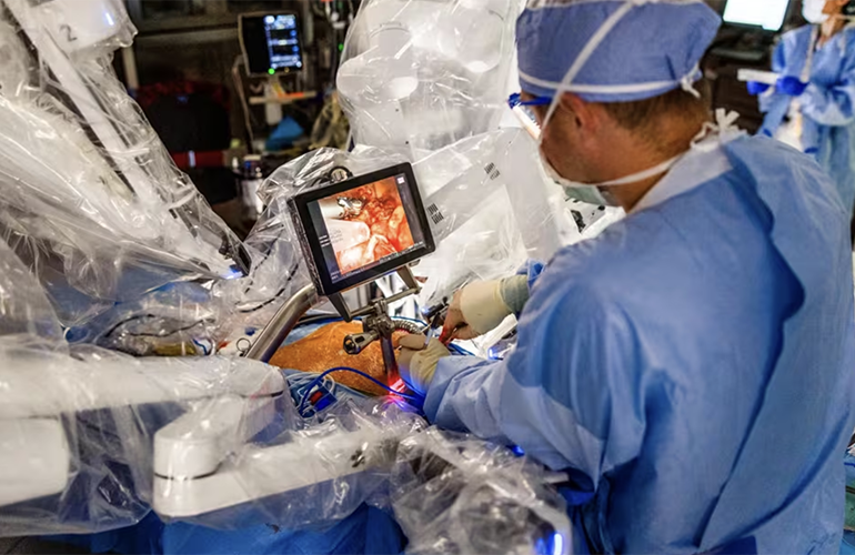This is a Cleveland Clinic image of an AVATAR or AVATAR or advanced Videoscopic Aortic valve surgery by Transcervical Approach using Robot assistance.