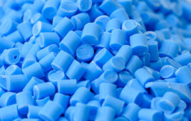 A photo of blue thermoplastic polyurethane (TPU) pellets.