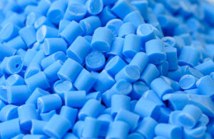 A photo of blue thermoplastic polyurethane (TPU) pellets.