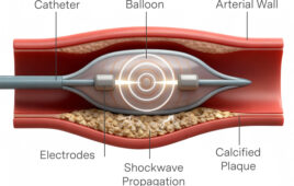 An illustration showing how intravascular lithotripsy (IVL) breaks up calcified plaque using shock waves generated by electrodes inside a balloon catheter.