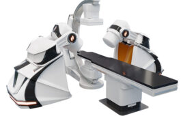 A rendering of the The Stereotaxis Genesis X robotic magnetic navigation (RMN) system.