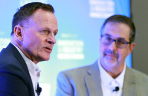 A photo of Johnson & Johnson MedTech leader Tim Schmid (left) and DeviceTalks Editorial Director Tom Salemi at DeviceTalks West 2025.