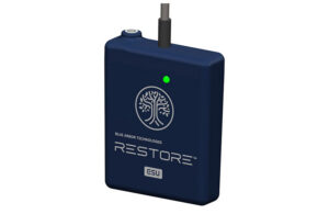 A blue cubical external processor that receives nerve signals from electrodes.