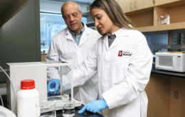 This photo shows Ghazal Yoosefian (right), a research assistant at the Medical Imaging Research Institute of the IU School of Medicine, working with Yanni Pandelidis (left) from Cook Medical in the lab.