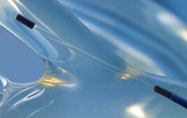 A photo of the Nanoflex Robotics electromagnetic-controlled catheter for telesurgical stroke procedures.