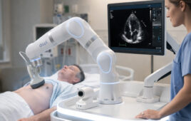 An AI-generated illustration of the Dopl Technologies ultrasound robot for remote imaging.