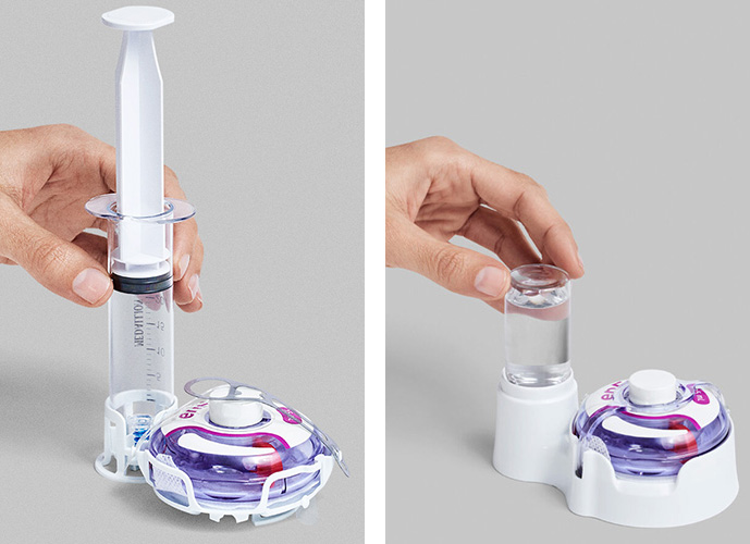 Photos showing the Enable Injections enFuse on-body injector drug transfer methods.