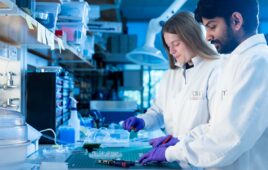 A photo of University of Massachusetts Amherst researchers Stephanie Hallerman and Neeraj Raghuraman, who are working on ablation technology to prevent bladder cancer recurrence.