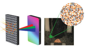 An illustration of a nanostructured scintillator converting X-ray radiation into visible light. [Illustration courtesy of Rafael Jaramillo]