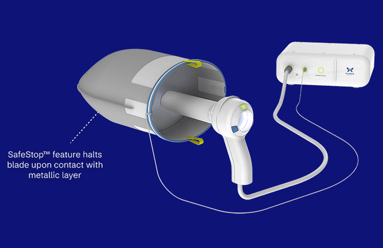 This illustration of the Claria Medical system for minimally invasive hysterectomies highlights the SafeStop feature.
