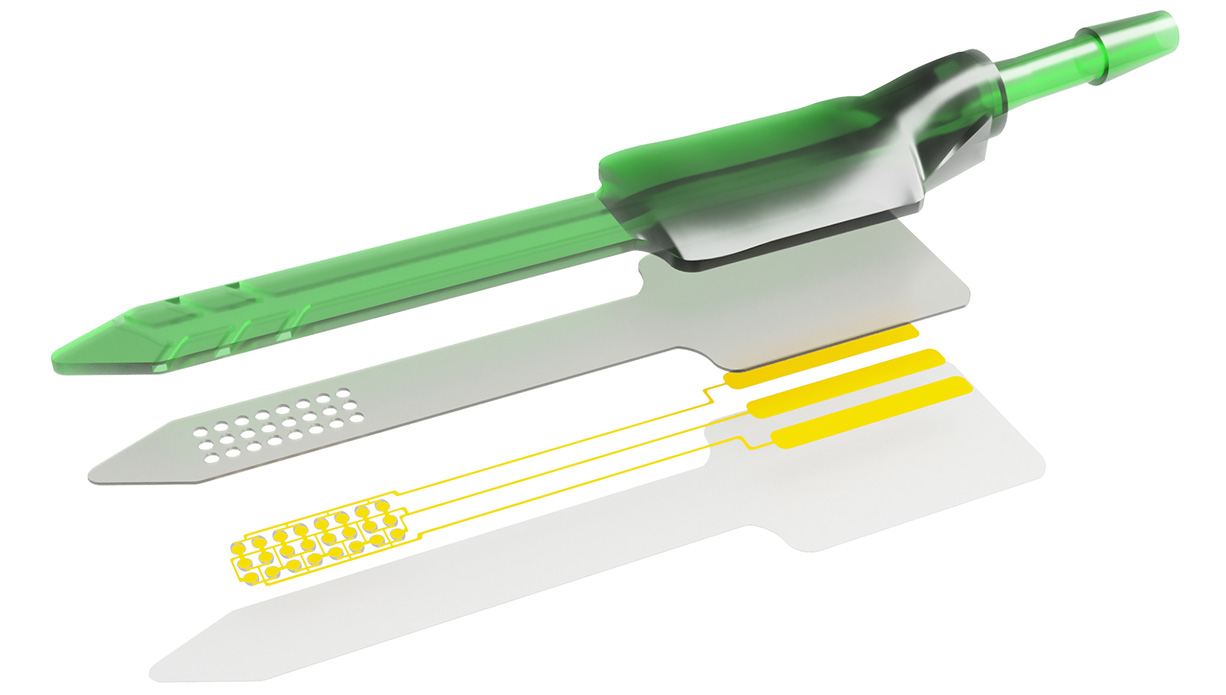 An illustration of LUCID's design with a layered drug delivery cannula and ultrasound array.