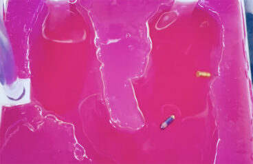 A photo of Johns Hopkins researcher's mini robots in a phantom heart benchtop test.